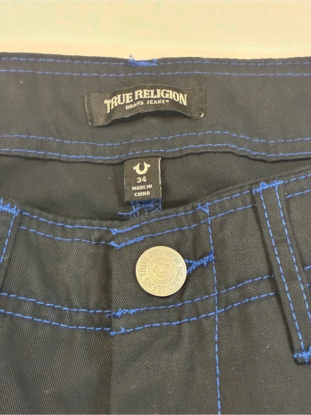 True Religion Black Cargo Pants with Blue Contrast Stitching